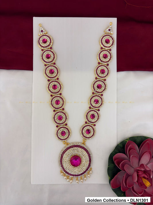 Pink Concentric Circle Pendant Deity Long Necklace for Idol Alankaram full product view for deity idol alankaram