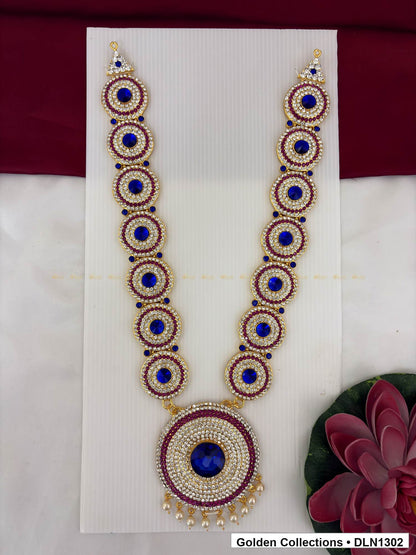 Blue Concentric Circle Pendant Deity Long Necklace for Idol Alankaram full product view for deity idol alankaram