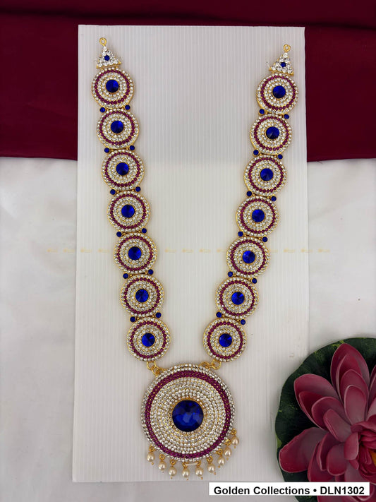 Blue Concentric Circle Pendant Deity Long Necklace for Idol Alankaram full product view for deity idol alankaram