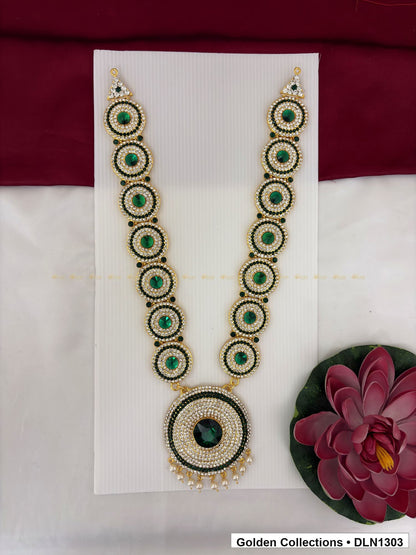 Green Concentric Circle Pendant Deity Long Necklace for Idol Alankaram full product view for deity idol alankaram