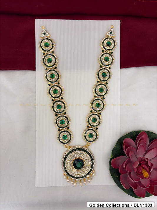 Green Concentric Circle Pendant Deity Long Necklace for Idol Alankaram full product view for deity idol alankaram