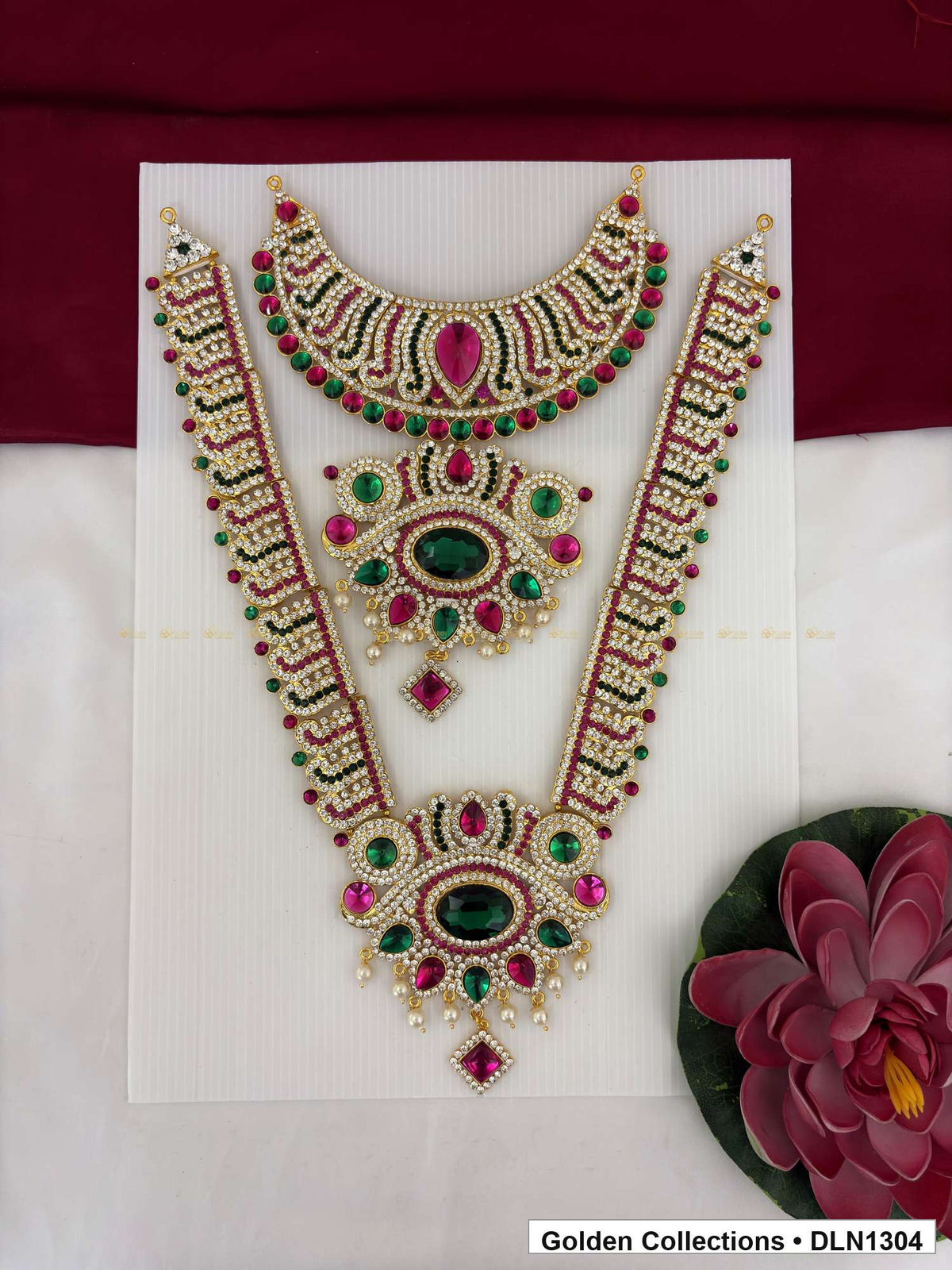 Red Green Crescent and Double Oval Deity Long Necklace for Idol Alankaram full product view for deity idol alankaram