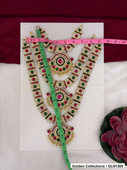Alternate product view of Red Green Triple Rosette Tier Deity Long Necklace for Idol Alankaram for deity idol alankaram