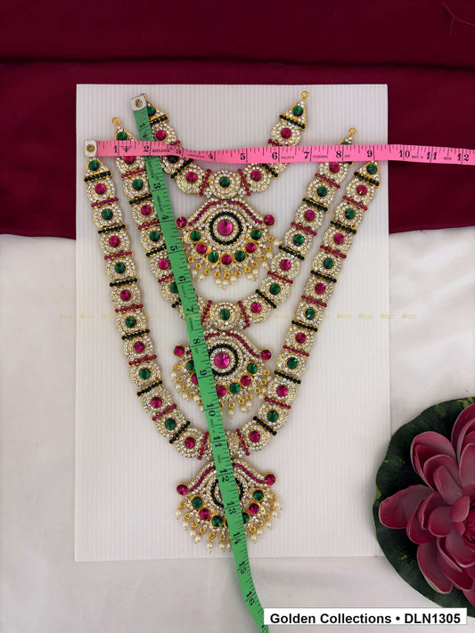 Alternate product view of Red Green Triple Rosette Tier Deity Long Necklace for Idol Alankaram for deity idol alankaram