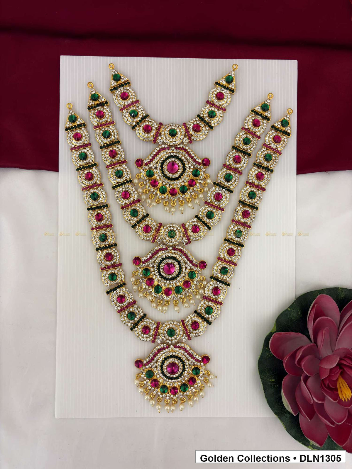 Red Green Triple Rosette Tier Deity Long Necklace for Idol Alankaram full product view for deity idol alankaram