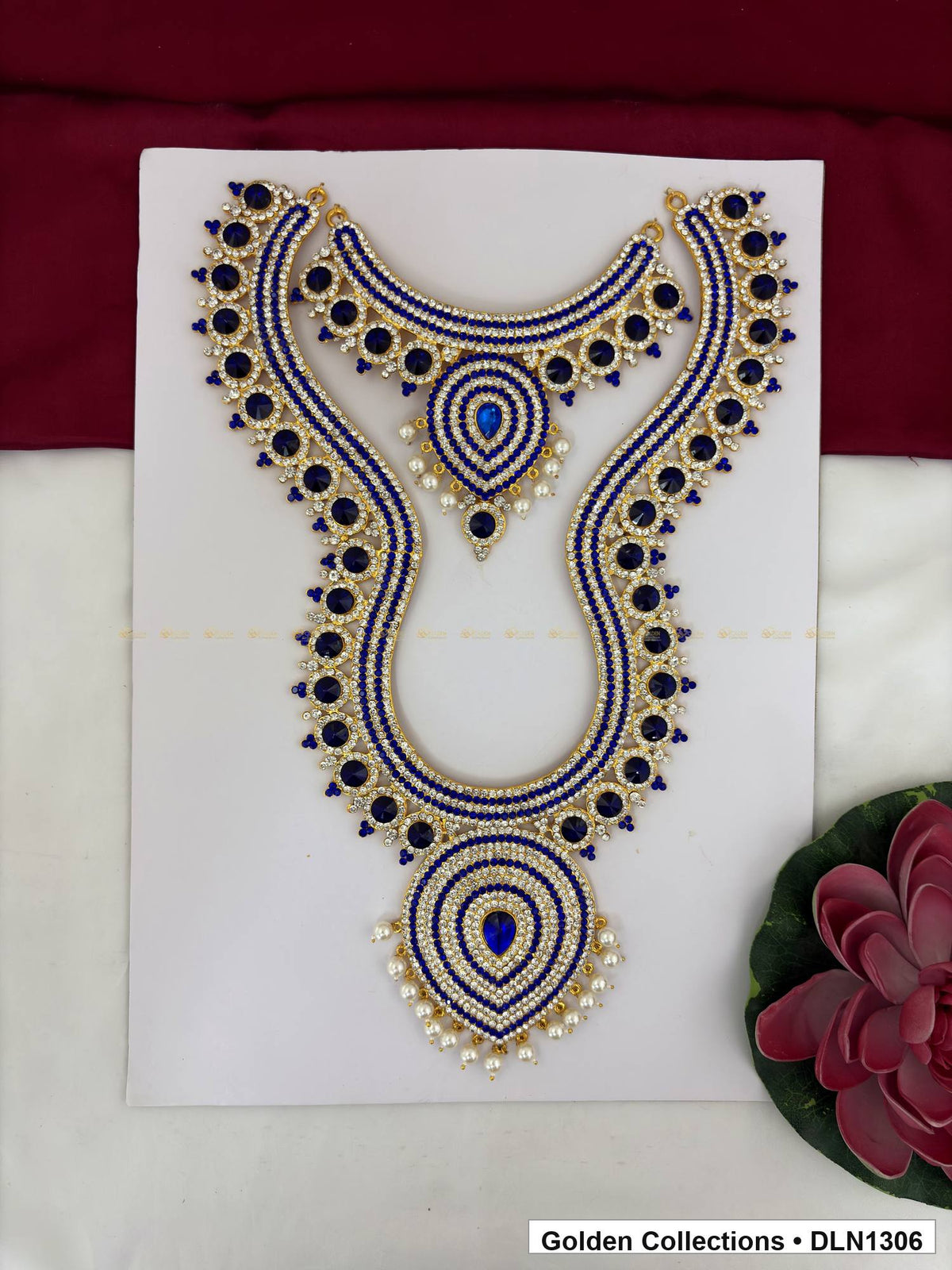 Blue Double Loop Teardrop Deity Long Necklace for Idol Alankaram full product view for deity idol alankaram