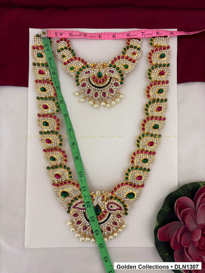 Alternate product view of Red Green Circular Fan Motif Deity Long Necklace for Idol Alankaram for deity idol alankaram
