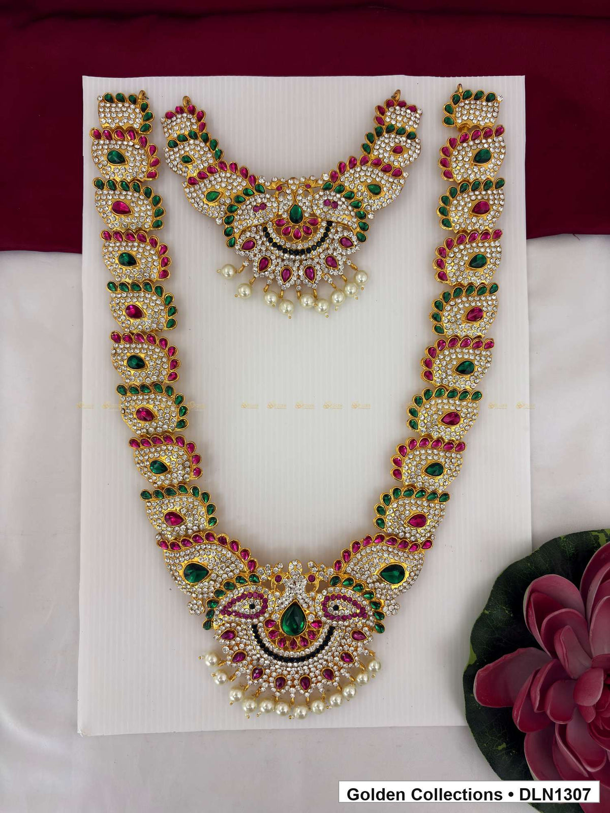 Red Green Circular Fan Motif Deity Long Necklace for Idol Alankaram full product view for deity idol alankaram