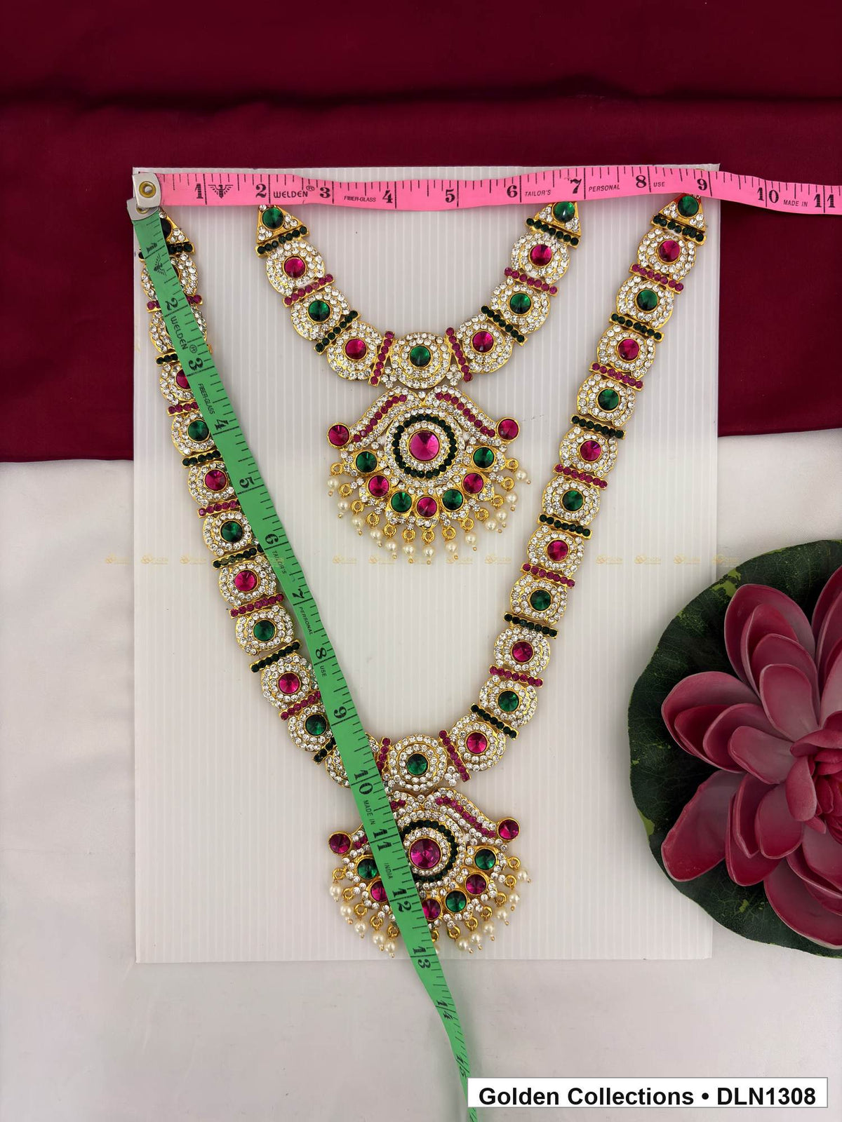 Alternate product view of Red Green Concentric Medallion Deity Long Necklace for Idol Alankaram for deity idol alankaram