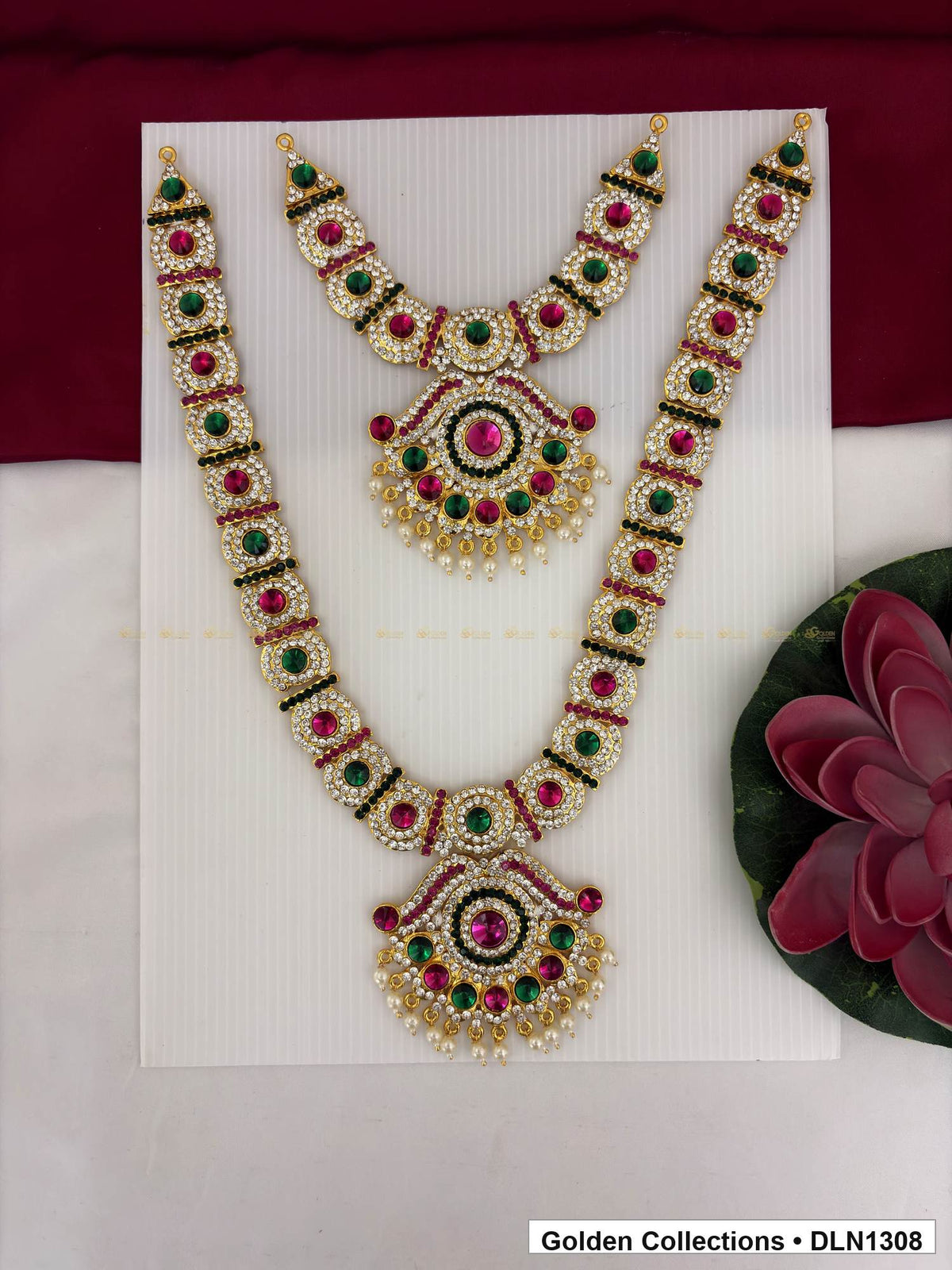 Red Green Concentric Medallion Deity Long Necklace for Idol Alankaram full product view for deity idol alankaram