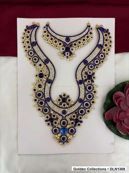 Blue Curved Scroll Motif Deity Long Necklace for Idol Alankaram full product view for deity idol alankaram