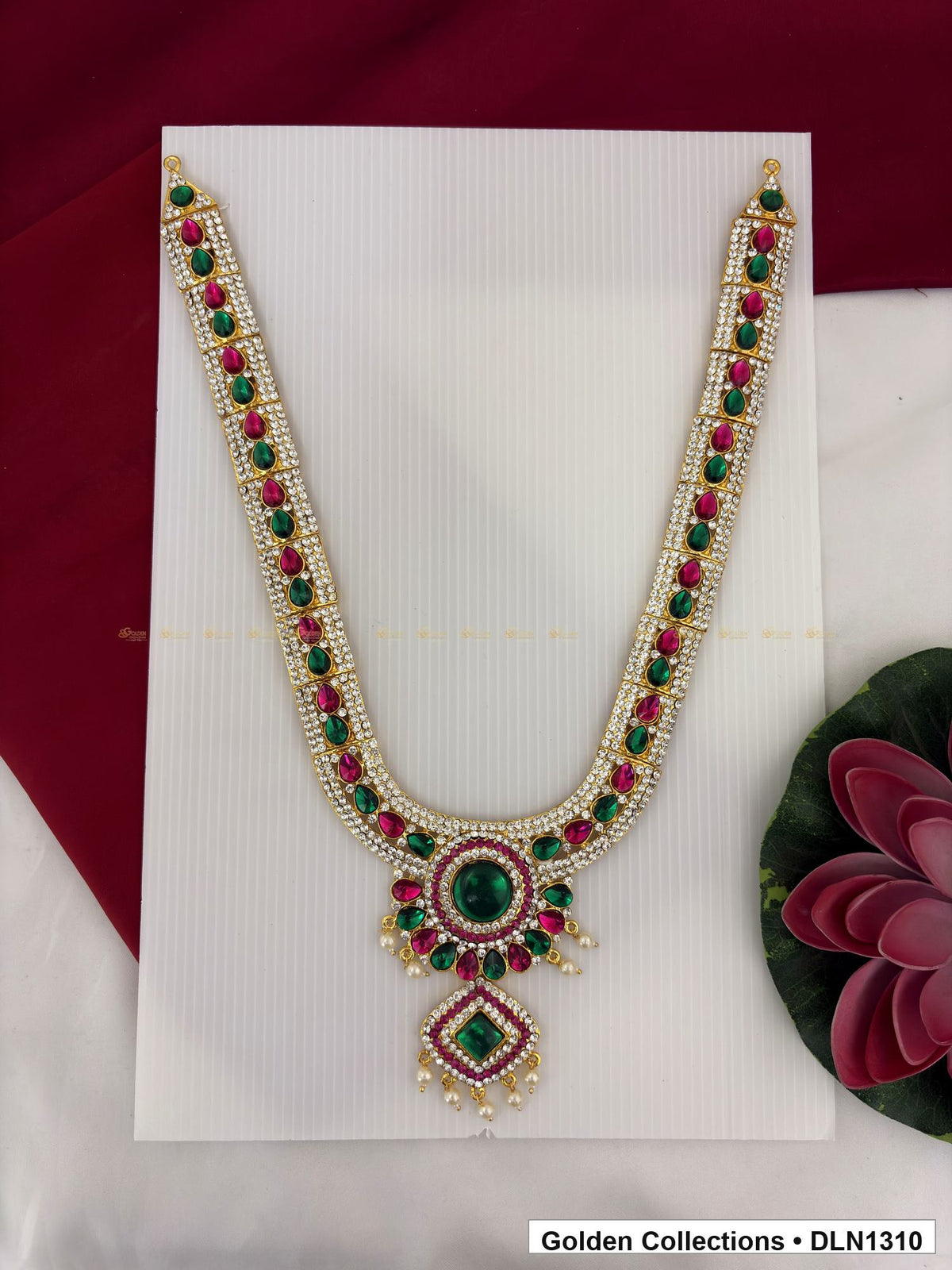 Green Center Diamond Drop Deity Long Necklace for Idol Alankaram full product view for deity idol alankaram