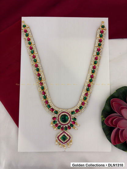 Green Center Diamond Drop Deity Long Necklace for Idol Alankaram full product view for deity idol alankaram