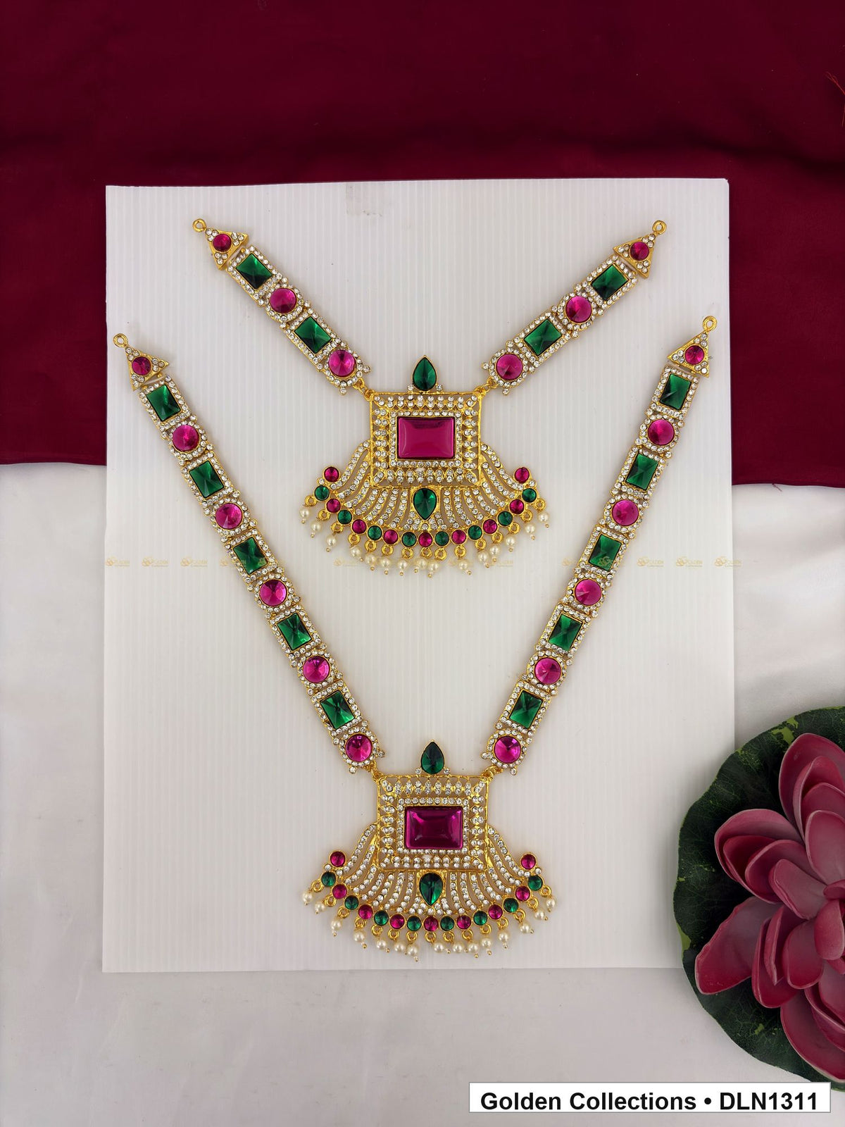 Pink Square Fan Pendant Deity Long Necklace for Idol Alankaram full product view for deity idol alankaram