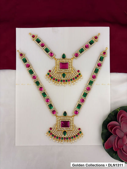 Pink Square Fan Pendant Deity Long Necklace for Idol Alankaram full product view for deity idol alankaram