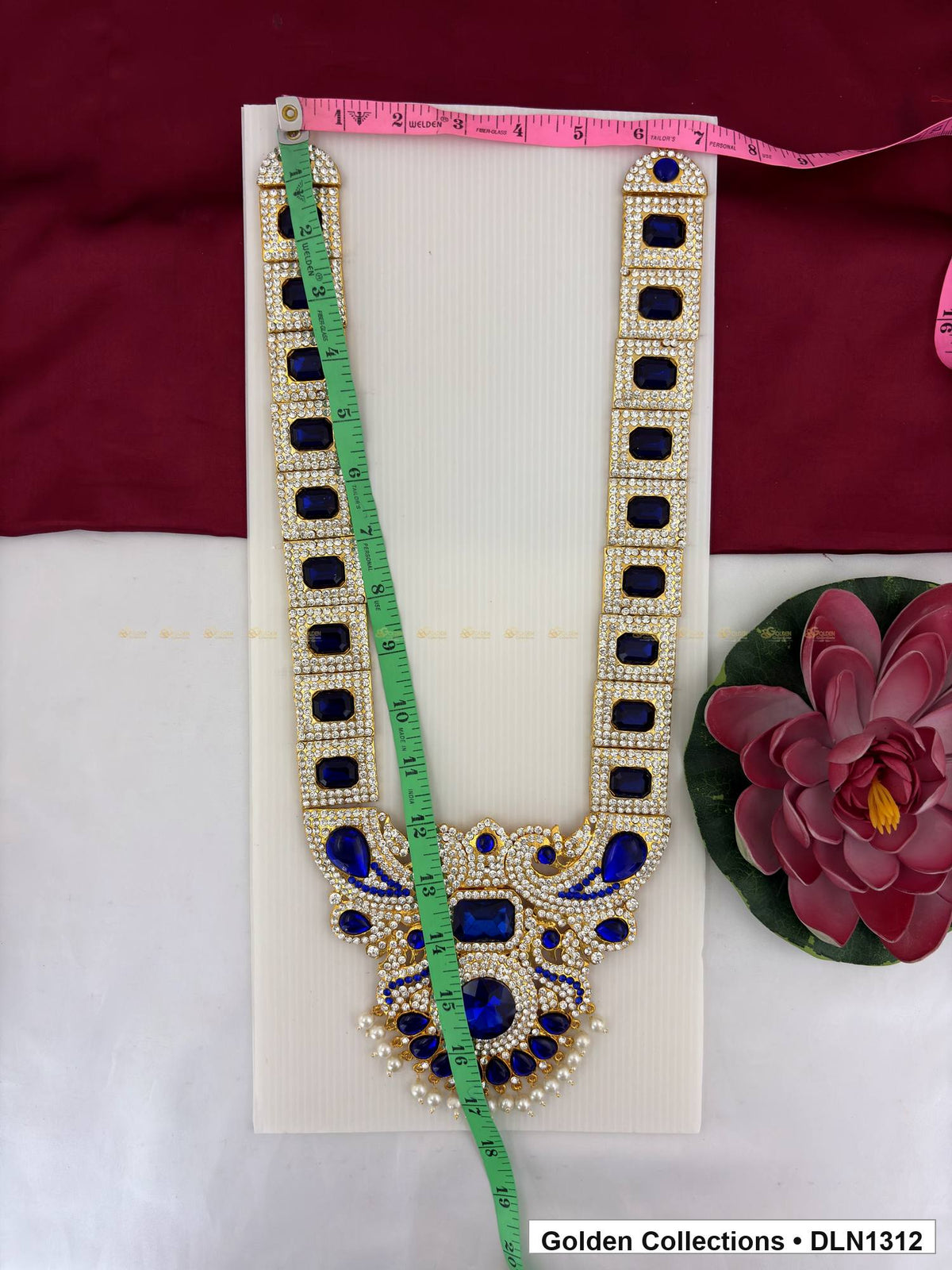 Alternate product view of Blue Rectangular Link Scroll Deity Long Necklace for Idol Alankaram for deity idol alankaram
