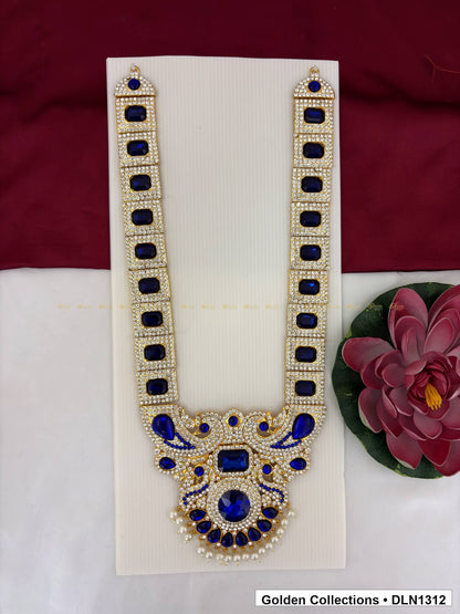 Blue Rectangular Link Scroll Deity Long Necklace for Idol Alankaram full product view for deity idol alankaram