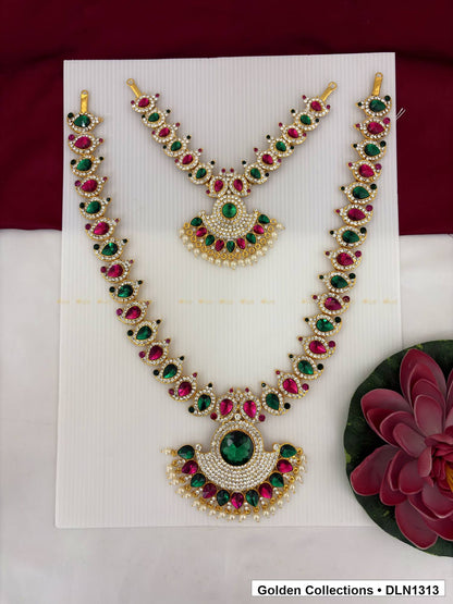 Alternating Red Green Crescent Deity Long Necklace for Idol Alankaram full product view for deity idol alankaram