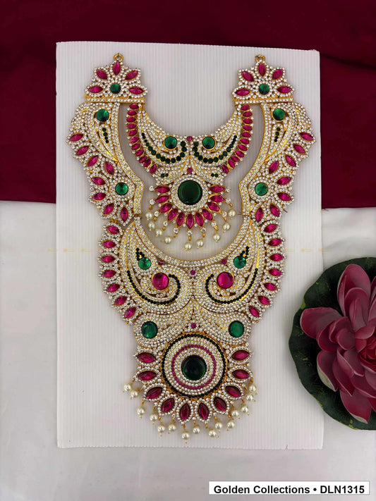 Red Green Layered Curved Motif Deity Long Necklace for Idol Alankaram full product view for deity idol alankaram