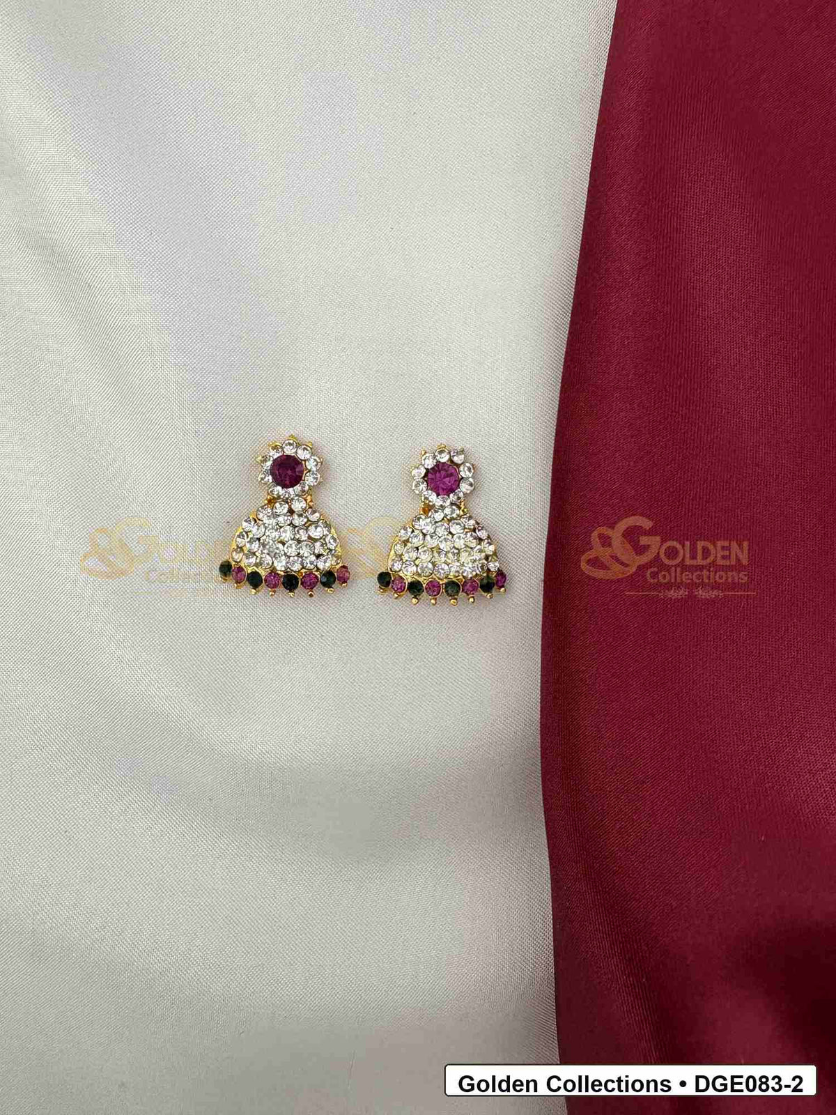 Dome Deity Earrings with Pink Green Stones for Idol Alankaram front view showing 2 Cms variant for deity idol alankaram