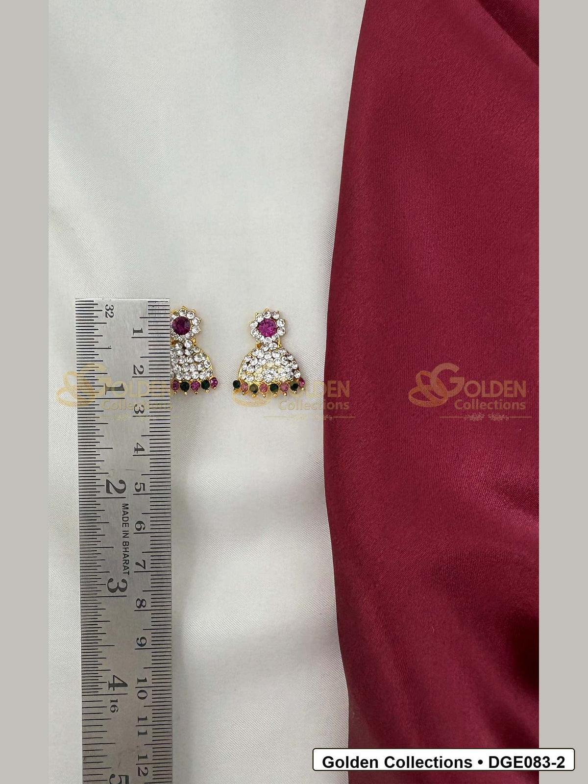 Measurement photo showing 2 Cms dome deity earrings with pink green stones for idol alankaram for deity idol alankaram