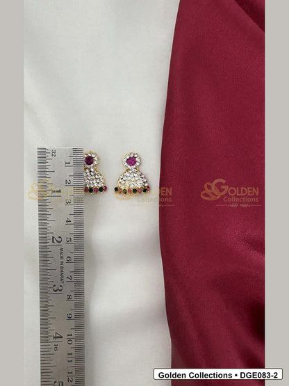 Measurement photo showing 2 Cms dome deity earrings with pink green stones for idol alankaram for deity idol alankaram
