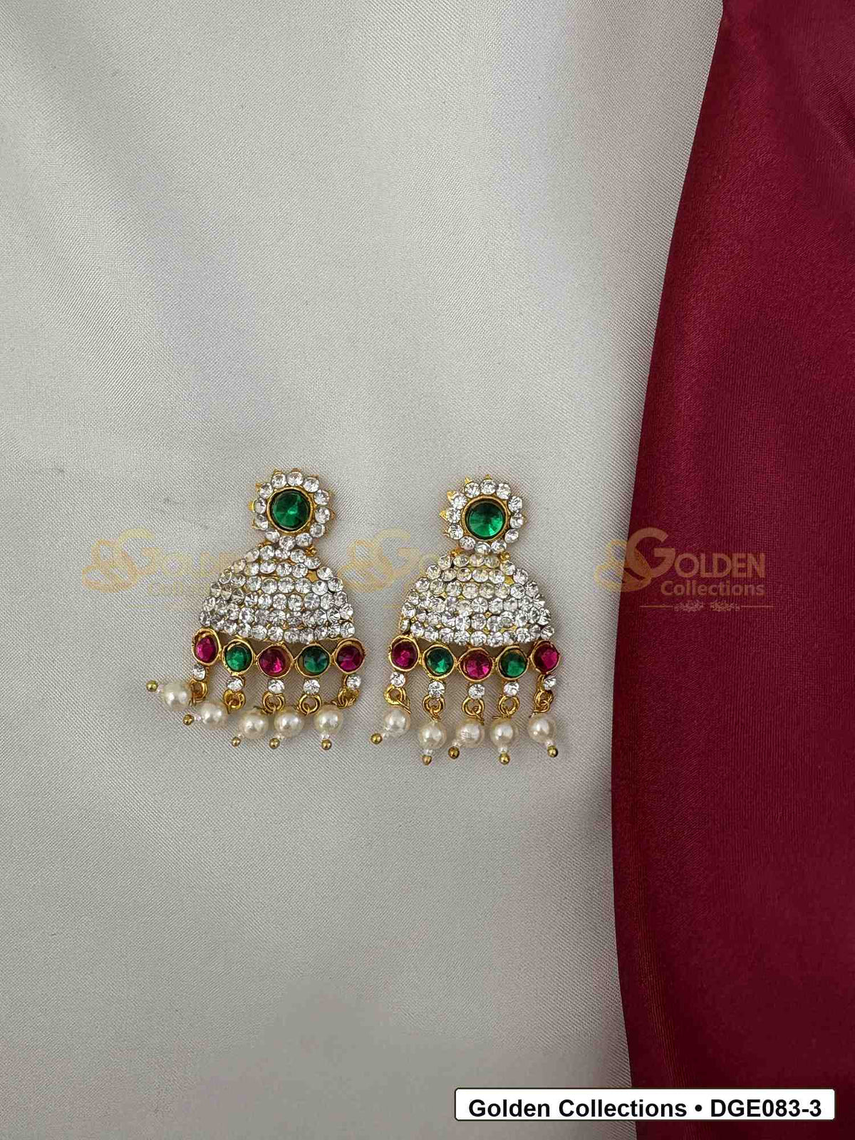 Dome Deity Earrings with Pink Green Stones for Idol Alankaram front view showing 5 Cms variant for deity idol alankaram