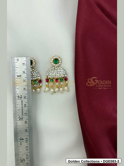Measurement photo showing 5 Cms dome deity earrings with pink green stones for idol alankaram for deity idol alankaram