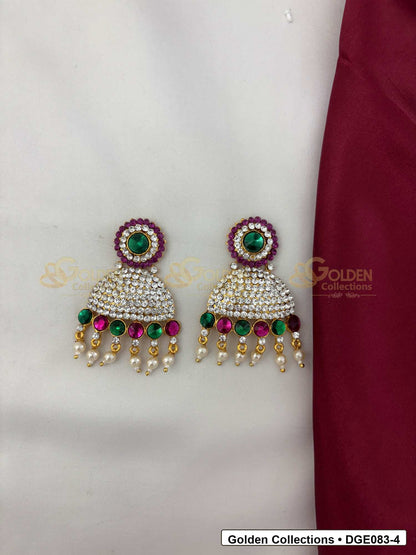 Dome Deity Earrings with Pink Green Stones for Idol Alankaram front view showing 6 Cms variant for deity idol alankaram