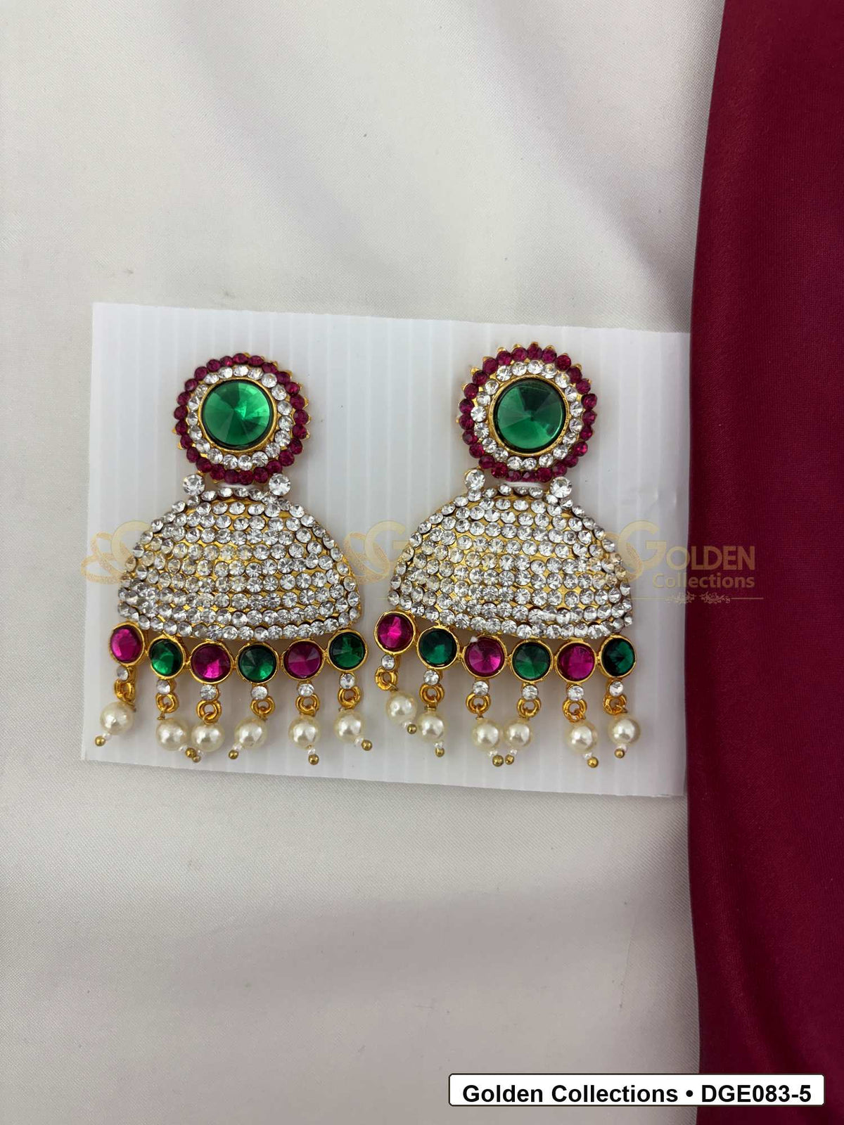 Dome Deity Earrings with Pink Green Stones for Idol Alankaram front view showing 8 Cms variant for deity idol alankaram