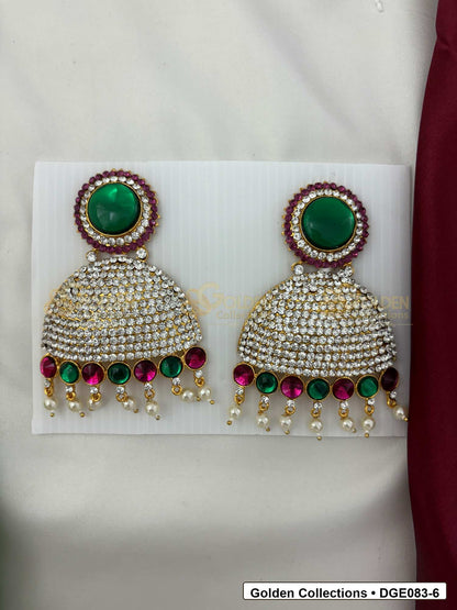 Dome Deity Earrings with Pink Green Stones for Idol Alankaram front view showing 9 Cms variant for deity idol alankaram