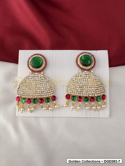Dome Deity Earrings with Pink Green Stones for Idol Alankaram front view showing 11 Cms variant for deity idol alankaram