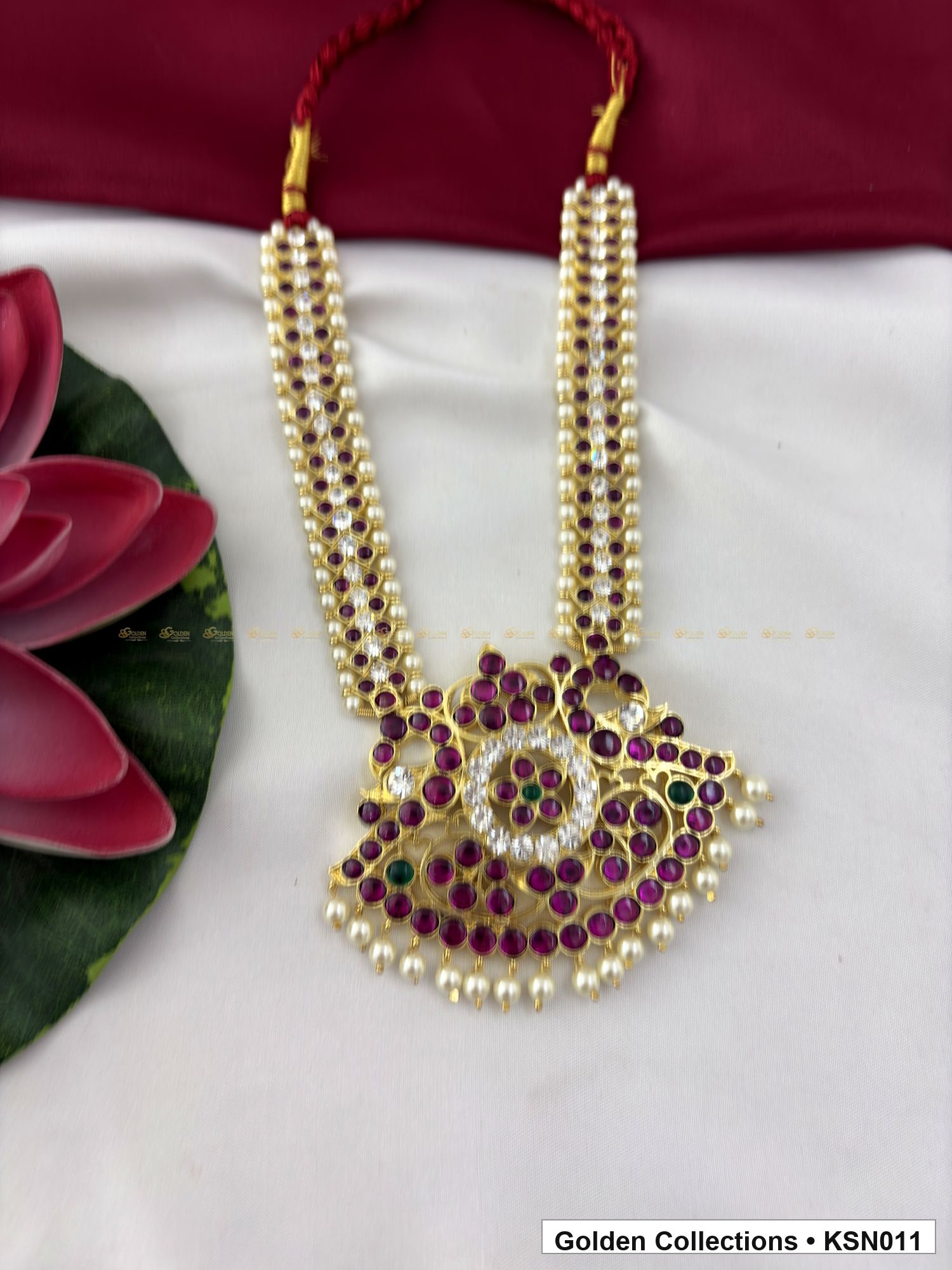 Angled product view of Double Line Real Kemp Short Necklace with Temple Pendant from Golden Collections
