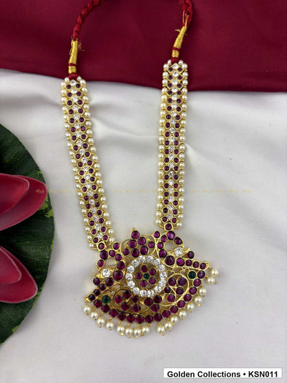 Detail view of Double Line Real Kemp Short Necklace with Temple Pendant from Golden Collections