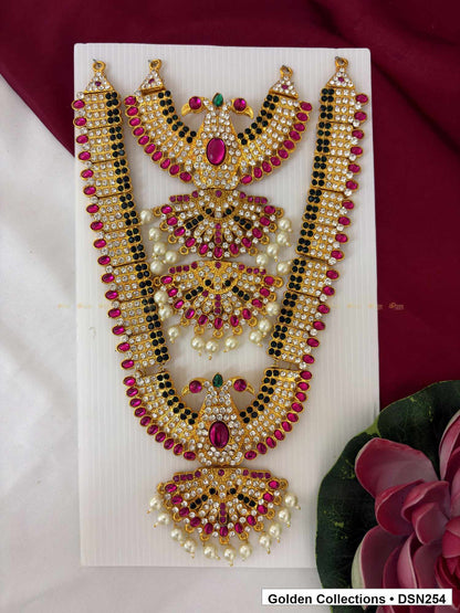 Layered Round Cluster and Teardrop Deity Short Necklace for Idol Alankaram full product view for deity idol alankaram