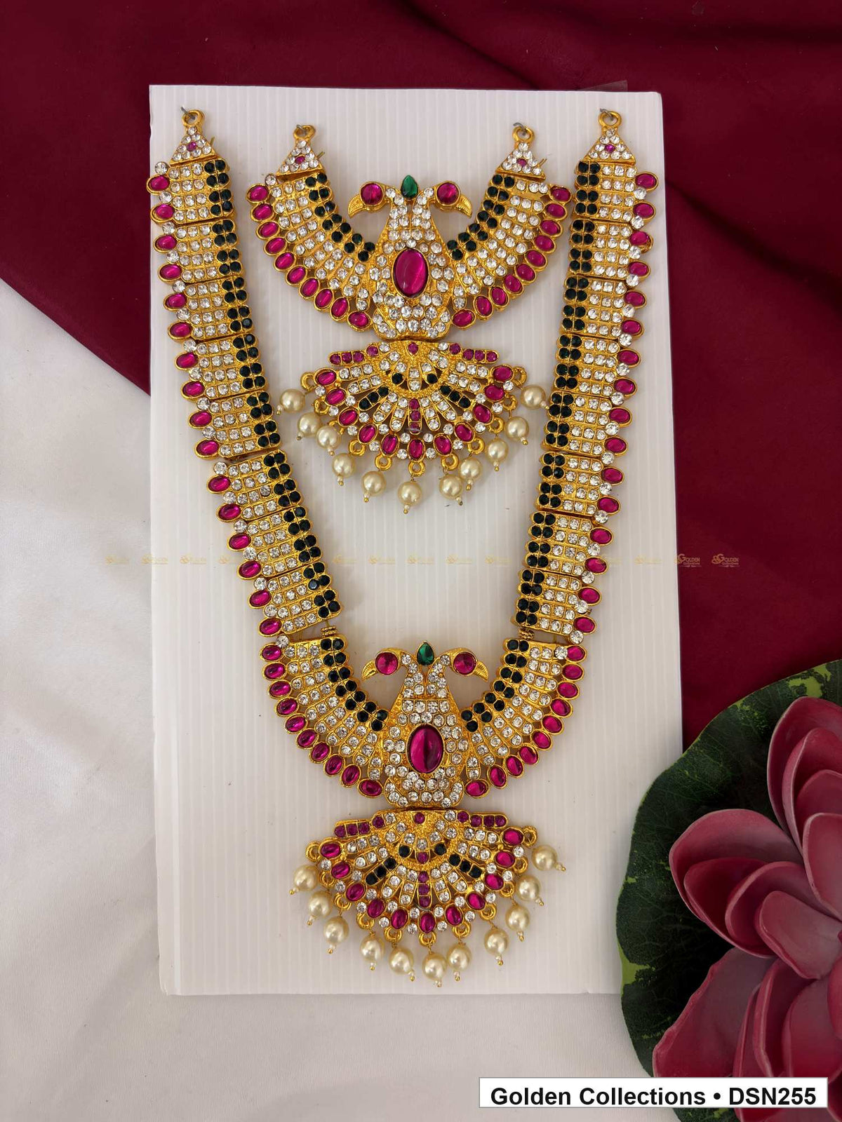 Double Fan Pendant White Bead Fringe Deity Short Necklace for Idol Alankaram full product view for deity idol alankaram
