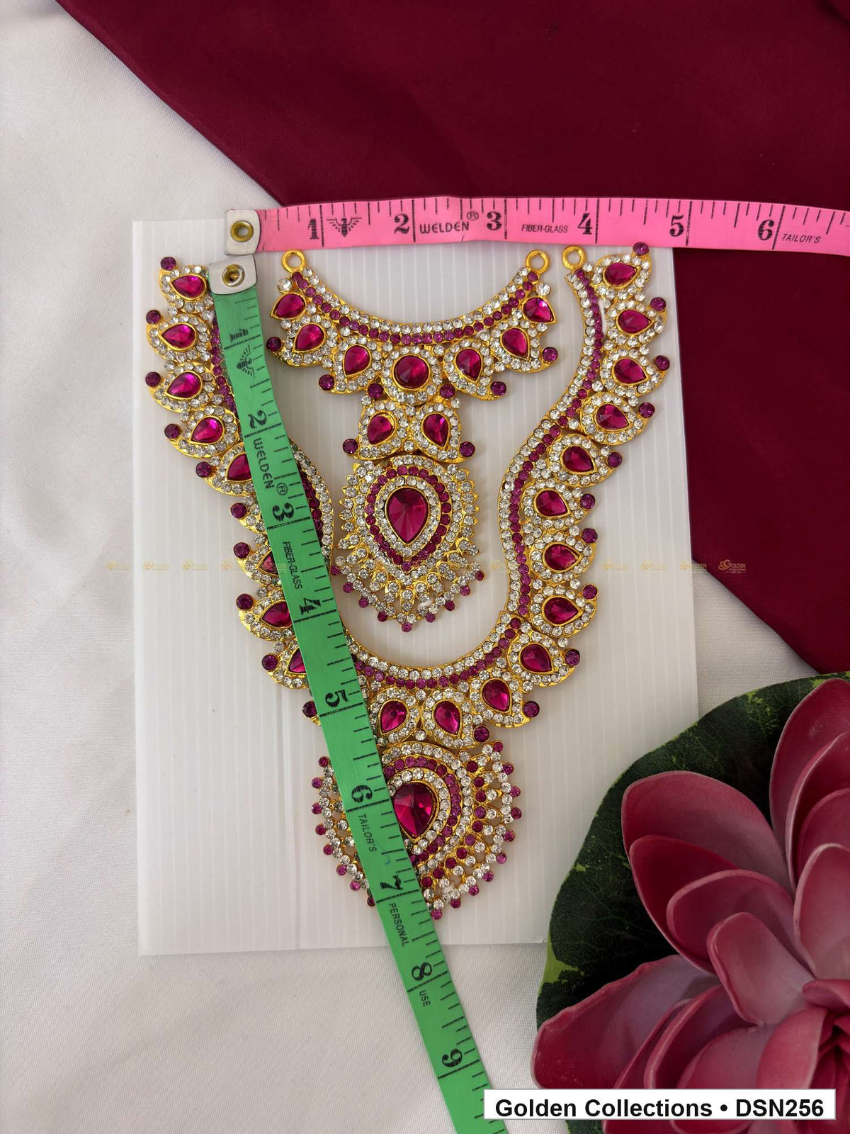 Alternate product view of Magenta Layered Scroll and Teardrop Deity Short Necklace for Idol Alankaram for deity idol alankaram