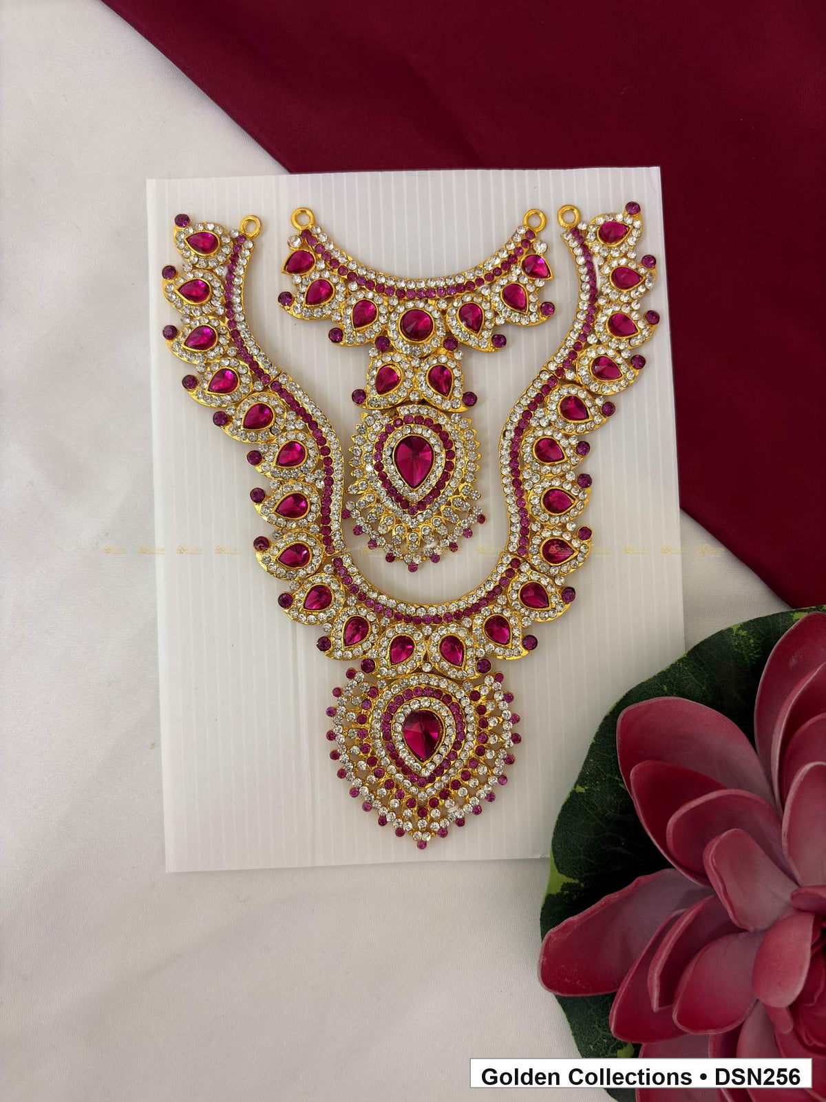 Magenta Layered Scroll and Teardrop Deity Short Necklace for Idol Alankaram full product view for deity idol alankaram
