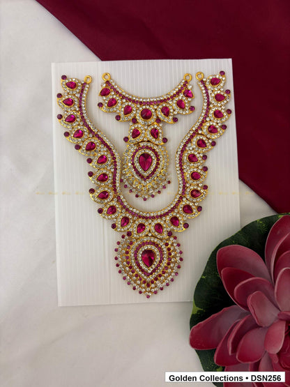 Magenta Layered Scroll and Teardrop Deity Short Necklace for Idol Alankaram full product view for deity idol alankaram