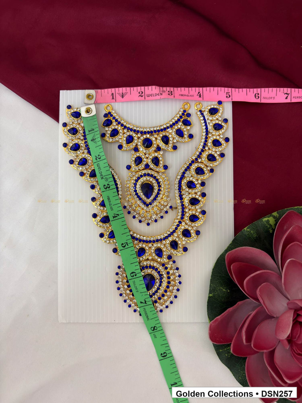 Alternate product view of Blue Layered Scroll and Teardrop Deity Short Necklace for Idol Alankaram for deity idol alankaram
