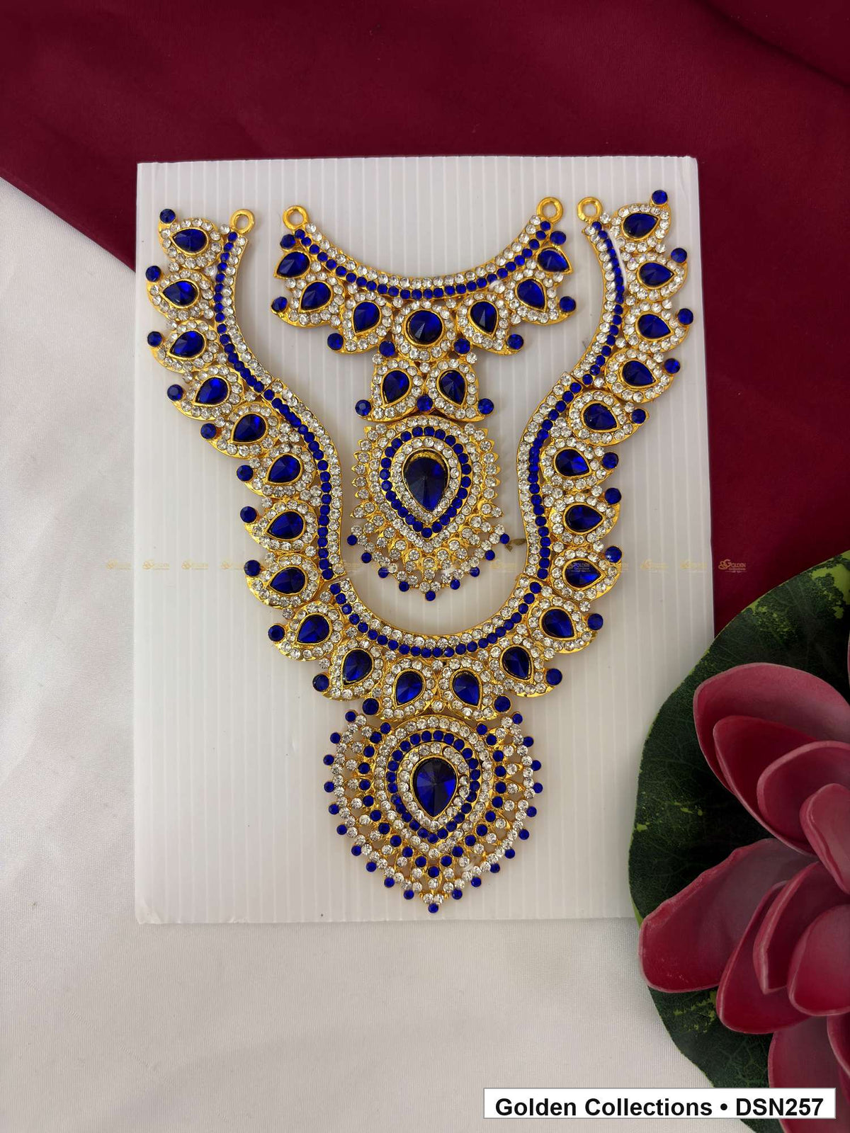 Blue Layered Scroll and Teardrop Deity Short Necklace for Idol Alankaram full product view for deity idol alankaram