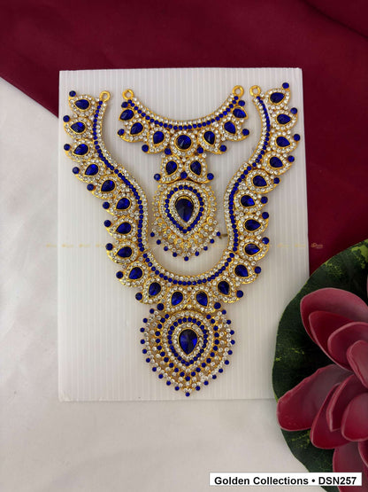 Blue Layered Scroll and Teardrop Deity Short Necklace for Idol Alankaram full product view for deity idol alankaram
