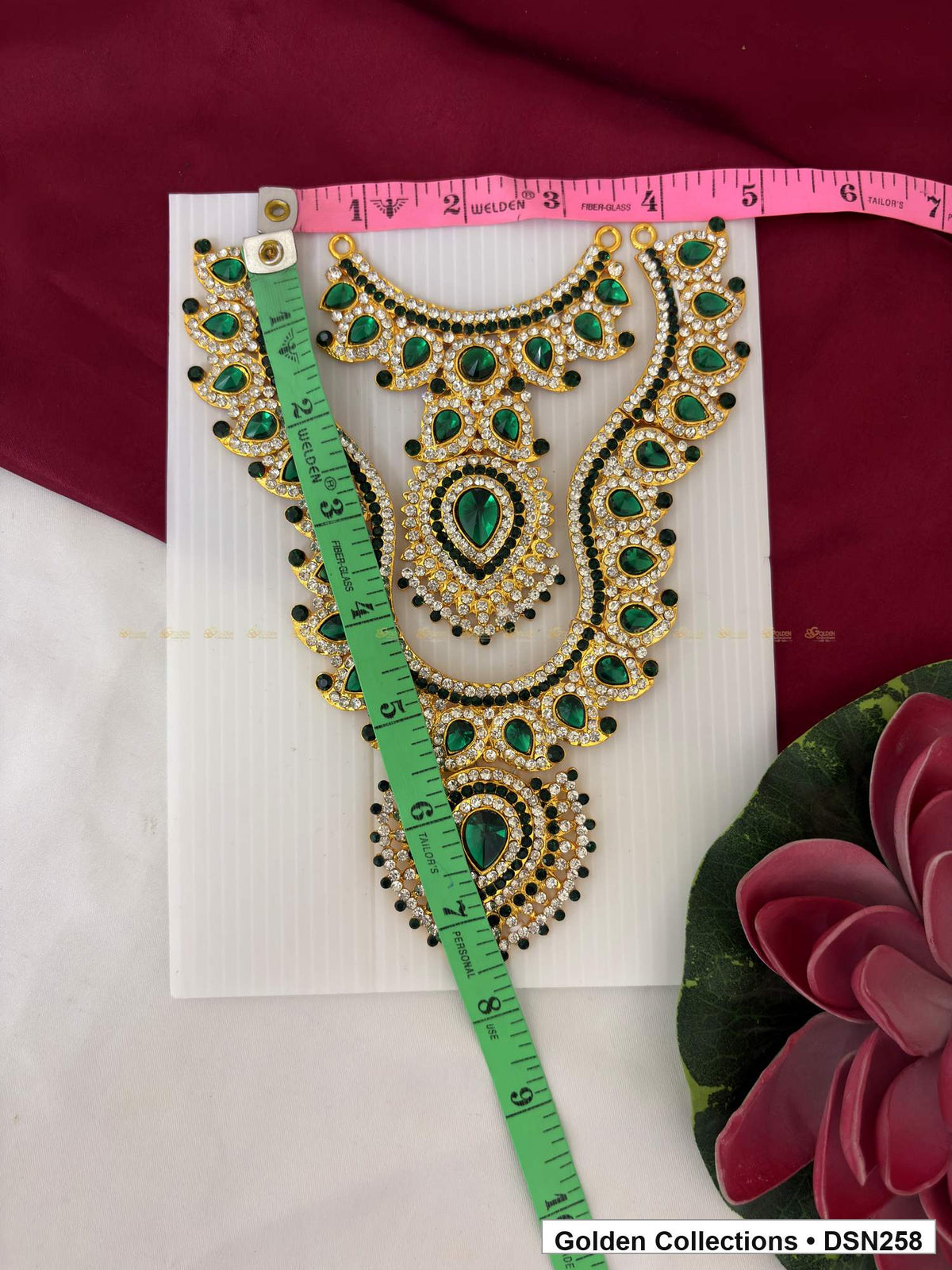 Alternate product view of Green Layered Scroll and Teardrop Deity Short Necklace for Idol Alankaram for deity idol alankaram