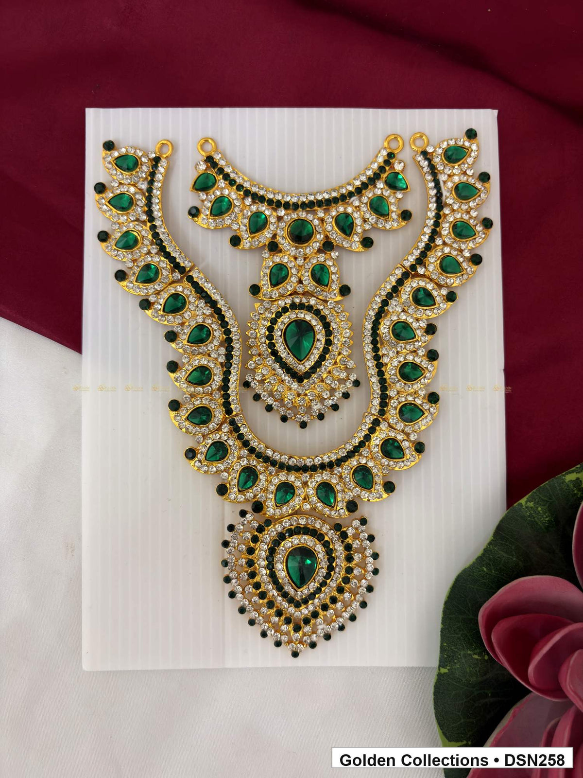 Green Layered Scroll and Teardrop Deity Short Necklace for Idol Alankaram full product view for deity idol alankaram