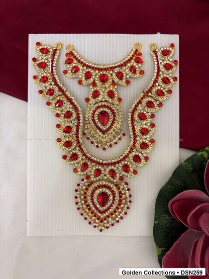 Red Layered Scroll and Teardrop Deity Short Necklace for Idol Alankaram full product view for deity idol alankaram