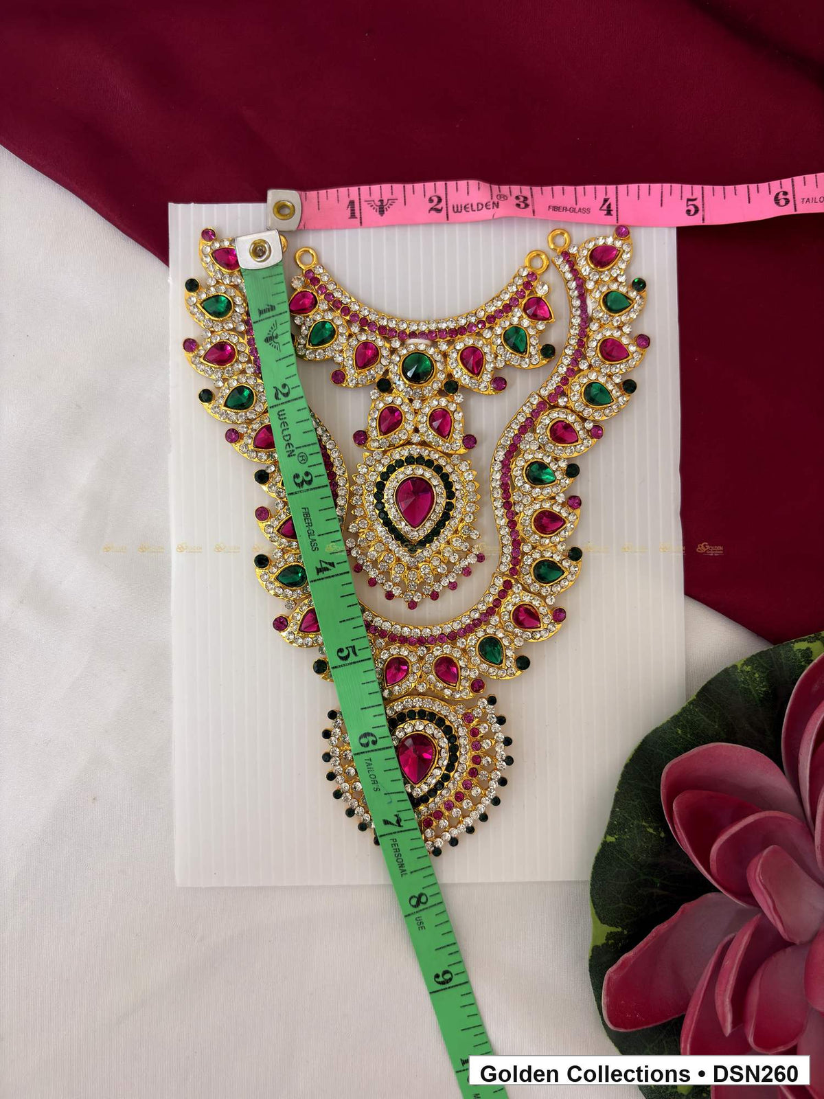 Alternate product view of Red Green Layered Scroll and Teardrop Deity Short Necklace for Idol Alankaram for deity idol alankaram