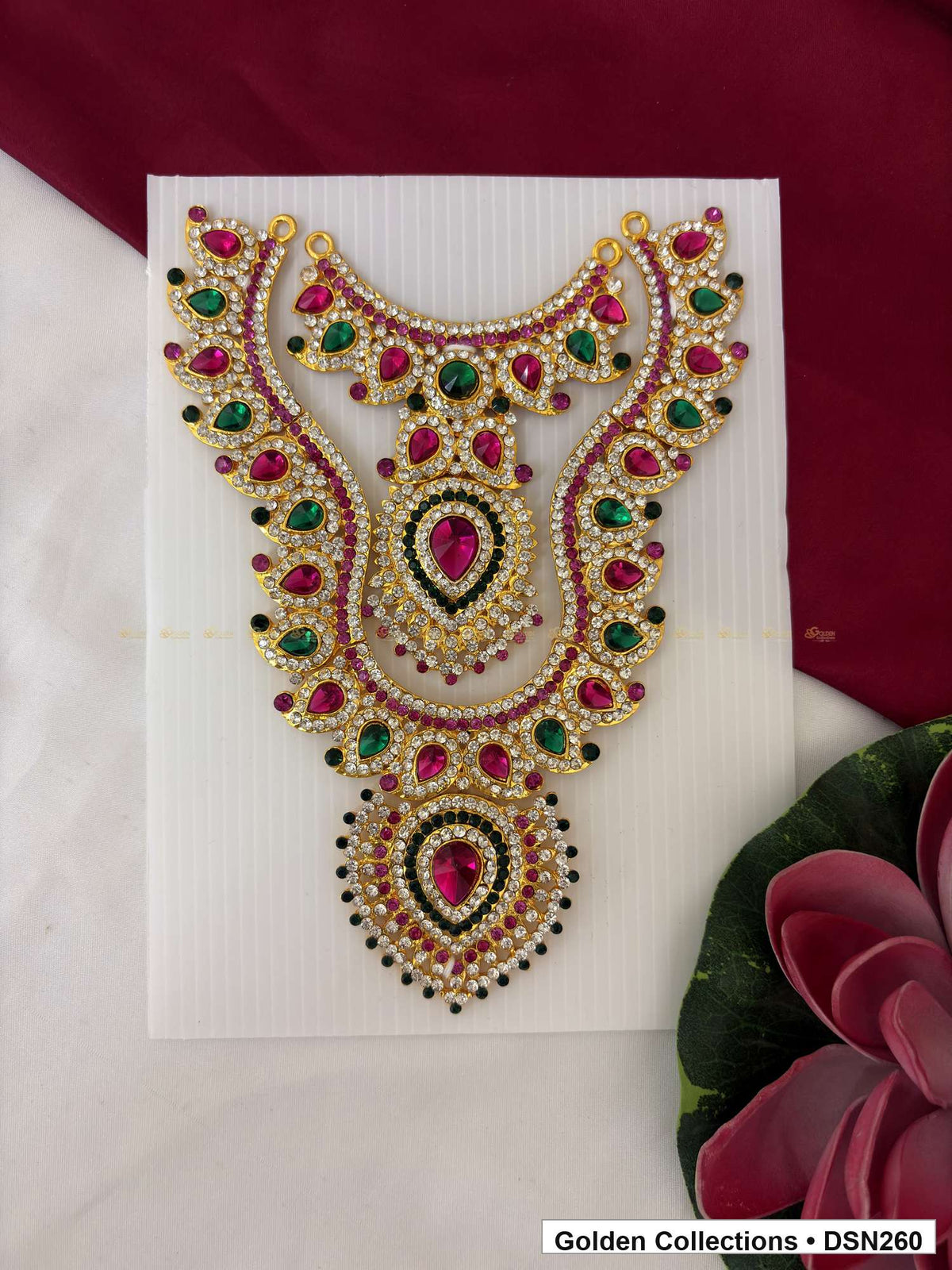 Red Green Layered Scroll and Teardrop Deity Short Necklace for Idol Alankaram full product view for deity idol alankaram