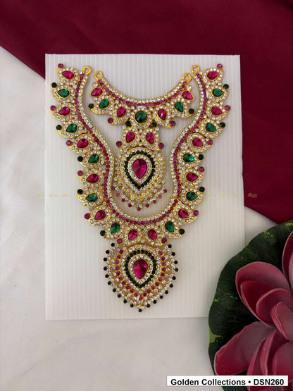 Red Green Layered Scroll and Teardrop Deity Short Necklace for Idol Alankaram full product view for deity idol alankaram