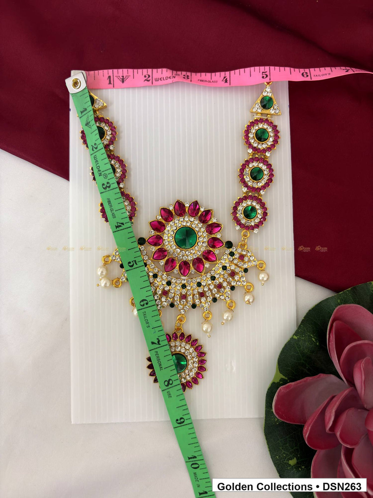 Alternate product view of Round Sunburst Medallion White Bead Fringe Deity Short Necklace for Idol Alankaram for deity idol alankaram