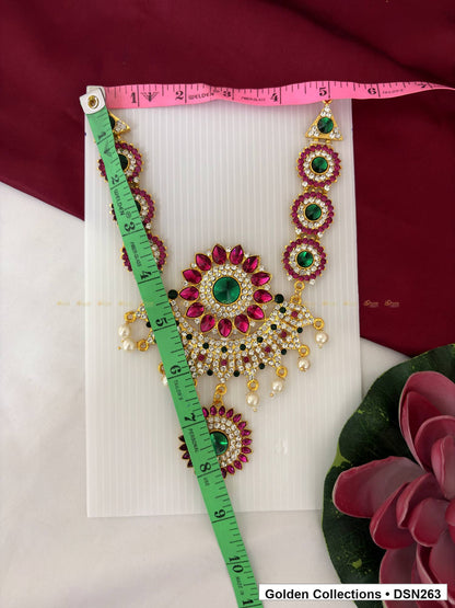 Alternate product view of Round Sunburst Medallion White Bead Fringe Deity Short Necklace for Idol Alankaram for deity idol alankaram
